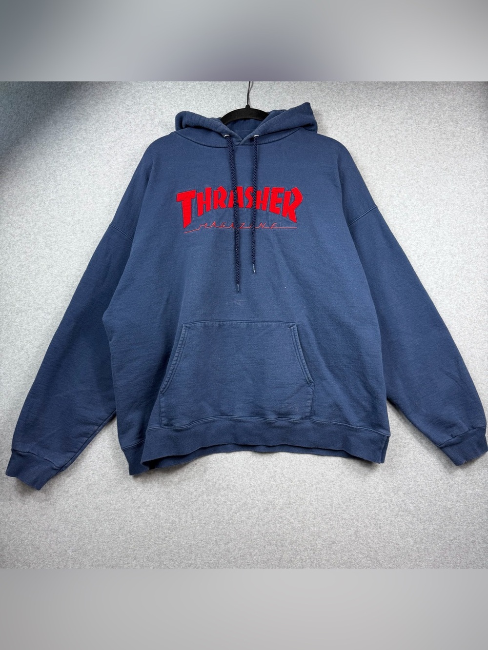 Thrasher Magazine Skate Navy Blue Pullover Hoodie Red Felt Logo Men’s Size XL